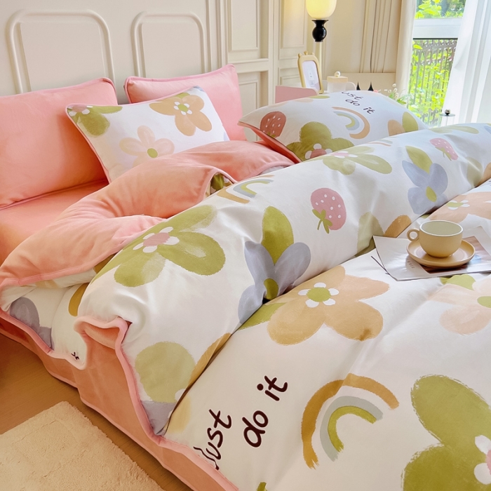 91家纺网 家纺一手货源 找家纺 琪琪阁 2023新款A棉B绒棉加绒牛奶绒四件套单被套 悠然