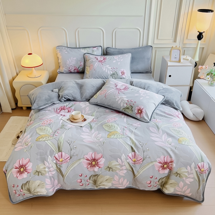 91家纺网 家纺一手货源 找家纺 琪琪阁 2023新款A棉B绒棉加绒牛奶绒四件套单被套 玉芙蓉