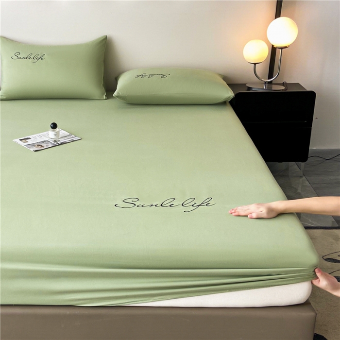 91家纺网 家纺一手货源 找家纺 古吉梦 2023新款A类抗菌防瞒磨毛刺绣S床笠系列 磨毛S床笠-果绿