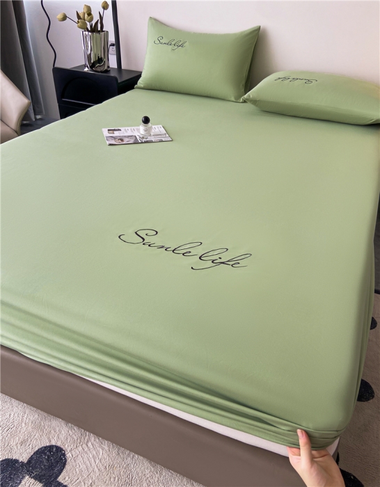 91家纺网 家纺一手货源 找家纺 古吉梦 2023新款A类抗菌防瞒磨毛刺绣S床笠系列 磨毛S床笠-果绿