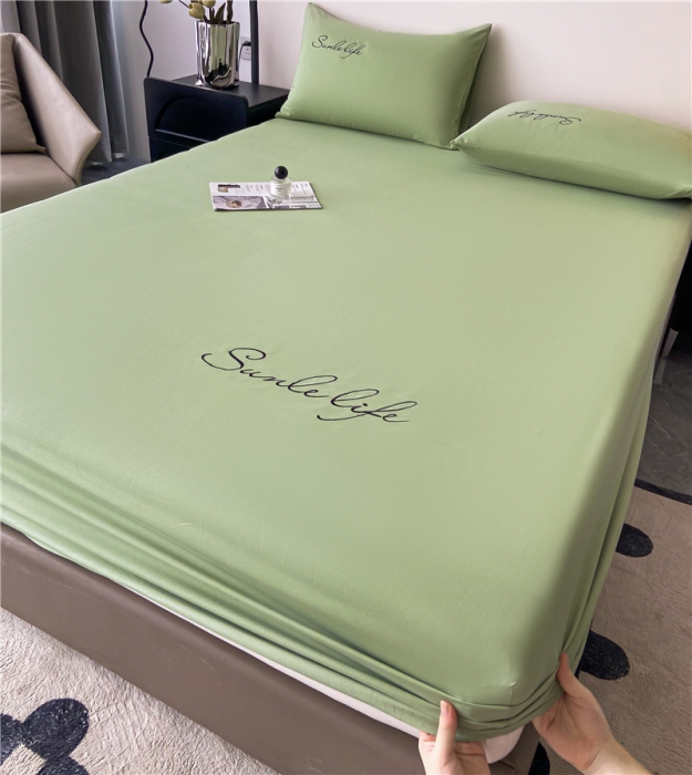 91家纺网 家纺一手货源 找家纺 古吉梦 2023新款A类抗菌防瞒磨毛刺绣S床笠系列 磨毛S床笠-果绿