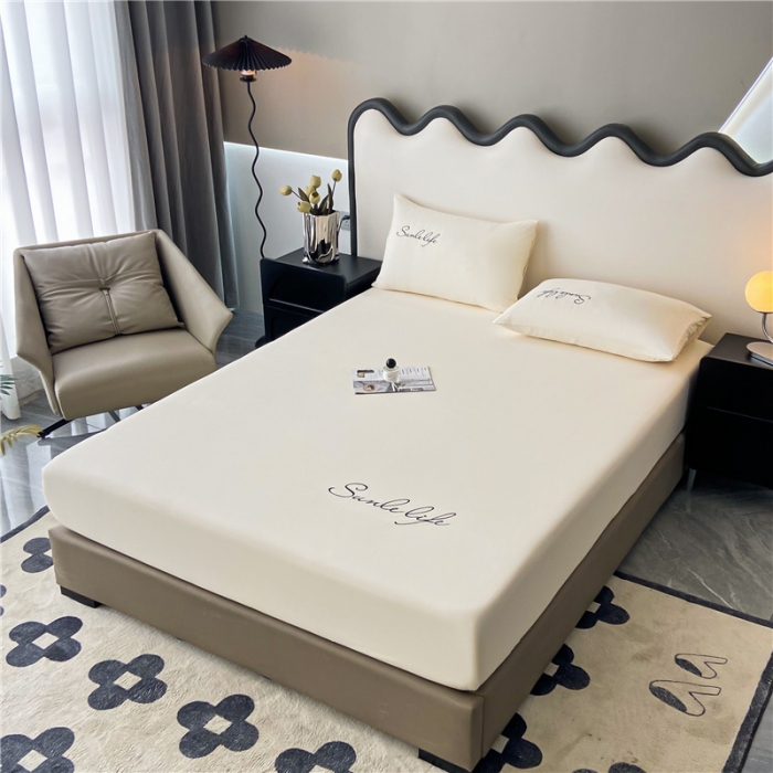 91家纺网 家纺一手货源 找家纺 古吉梦 2023新款A类抗菌防瞒磨毛刺绣S床笠系列 磨毛S床笠-奶昔白