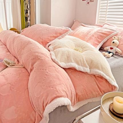 法澳 2023新款220克雕花绒纯色牛奶绒四件套 甘比熊-浅粉玉