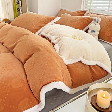 法澳 2023新款220克雕花绒纯色牛奶绒四件套 甘比熊-橘色