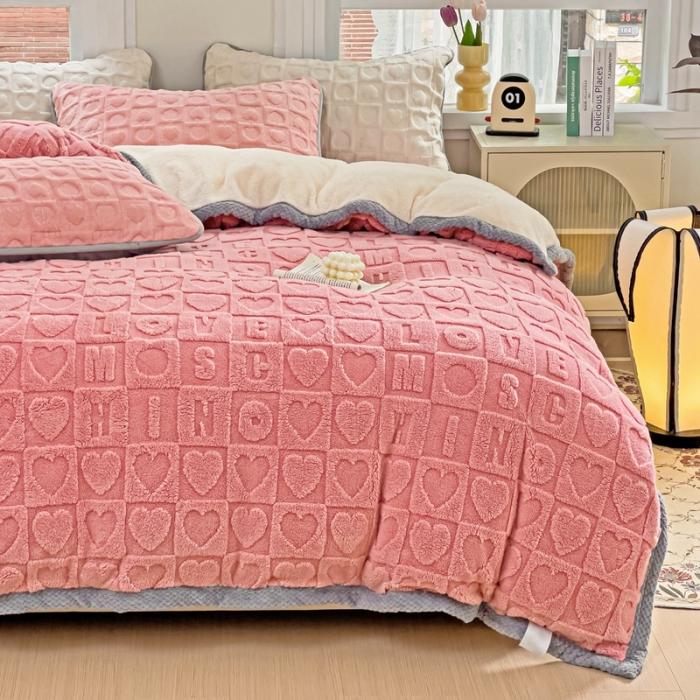 91家纺网 家纺一手货源 找家纺 法澳 2023新款230克塔芙绒被套+牛奶绒夹棉床笠款四件套 藕粉