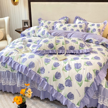 91家纺网 家纺一手货源 找家纺 漫布云2023新款秋冬纯棉全棉夹棉床盖韩版公主风花边床罩绗绣床裙四件套