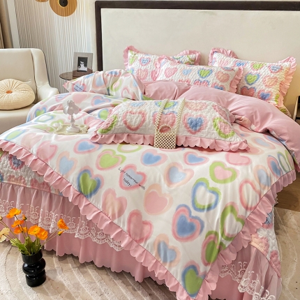 91家纺网 家纺一手货源 找家纺 漫布云2023新款秋冬纯棉全棉夹棉床盖韩版公主风花边床罩绗绣床裙四件套