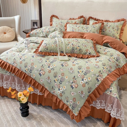 91家纺网 家纺一手货源 找家纺 漫布云2023新款秋冬纯棉全棉夹棉床盖韩版公主风花边床罩绗绣床裙四件套