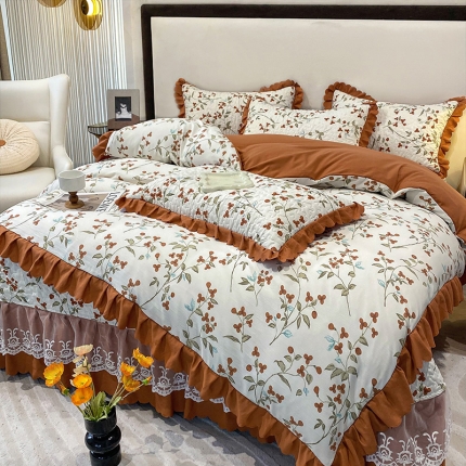 91家纺网 家纺一手货源 找家纺 漫布云2023新款秋冬纯棉全棉夹棉床盖韩版公主风花边床罩绗绣床裙四件套