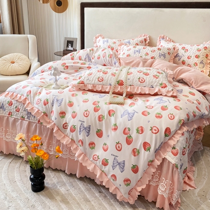 91家纺网 家纺一手货源 找家纺 漫布云2023新款秋冬纯棉全棉夹棉床盖韩版公主风花边床罩绗绣床裙四件套
