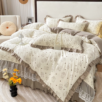 91家纺网 家纺一手货源 找家纺 漫布云2023新款秋冬纯棉全棉夹棉床盖韩版公主风花边床罩绗绣床裙四件套