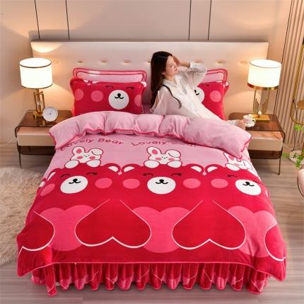 91家纺网 家纺一手货源 找家纺 2025新款230克8.5斤加厚高克重牛奶绒金貂绒法莱绒四件套冬季加绒法兰绒床裙款 爱心萌宠