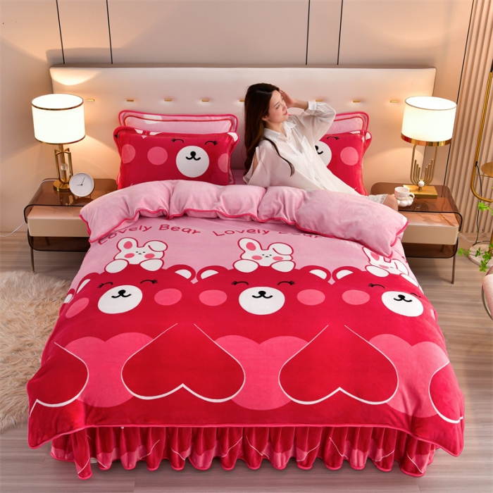 91家纺网 家纺一手货源 找家纺 2025新款230克8.5斤加厚高克重牛奶绒金貂绒法莱绒四件套冬季加绒法兰绒床裙款 爱心萌宠