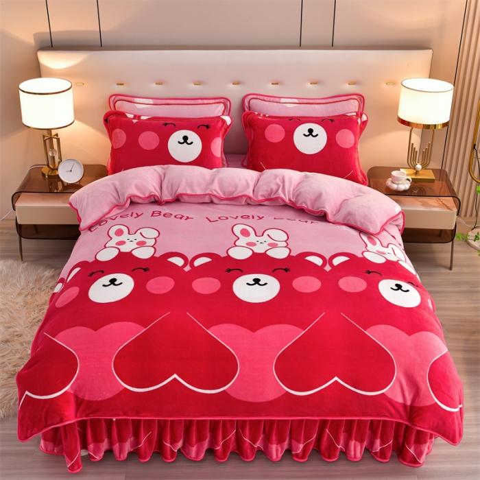 91家纺网 家纺一手货源 找家纺 2025新款230克8.5斤加厚高克重牛奶绒金貂绒法莱绒四件套冬季加绒法兰绒床裙款 爱心萌宠