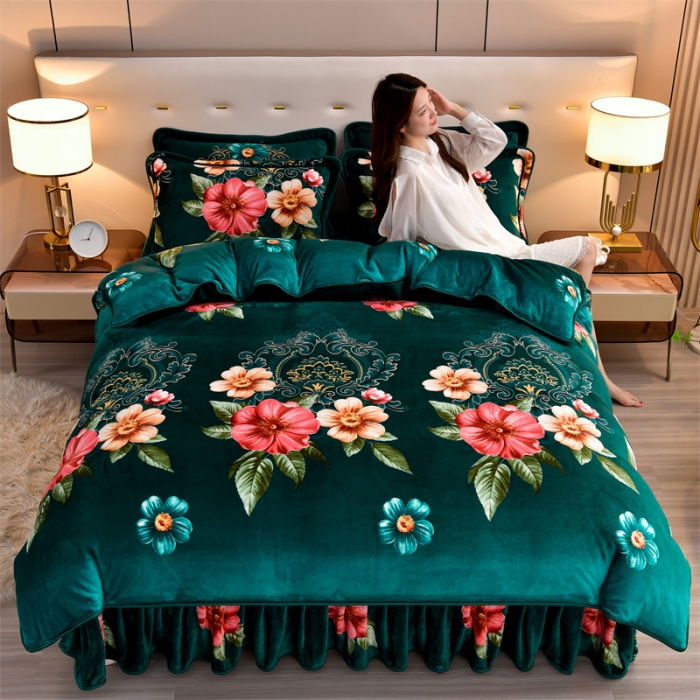 91家纺网 家纺一手货源 找家纺 2025新款230克8.5斤加厚高克重牛奶绒金貂绒法莱绒四件套冬季加绒法兰绒床裙款 国色天香