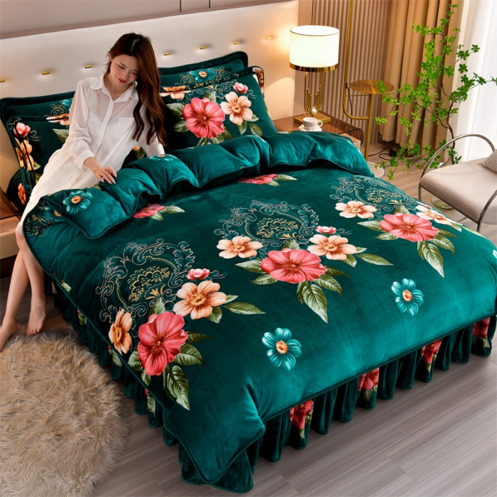 91家纺网 家纺一手货源 找家纺 2025新款230克8.5斤加厚高克重牛奶绒金貂绒法莱绒四件套冬季加绒法兰绒床裙款 国色天香