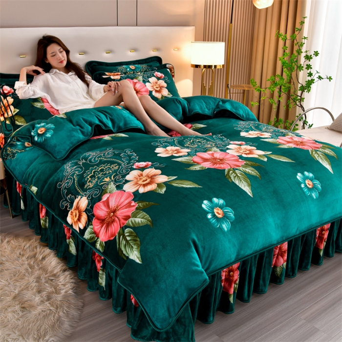 91家纺网 家纺一手货源 找家纺 2025新款230克8.5斤加厚高克重牛奶绒金貂绒法莱绒四件套冬季加绒法兰绒床裙款 国色天香