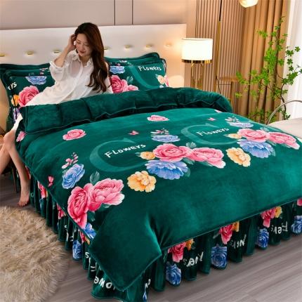 91家纺网 家纺一手货源 找家纺 2025新款230克8.5斤加厚高克重牛奶绒金貂绒法莱绒四件套冬季加绒法兰绒床裙款 花容月貌