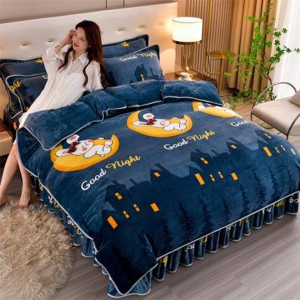 91家纺网 家纺一手货源 找家纺 2025新款230克8.5斤加厚高克重牛奶绒金貂绒法莱绒四件套冬季加绒法兰绒床裙款 晚安