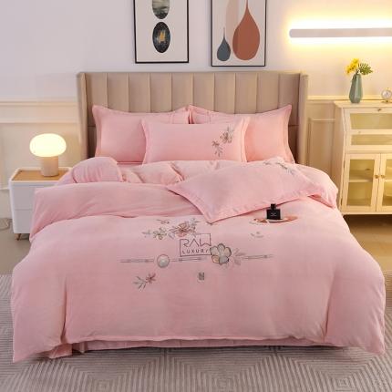 富之航 2023新款牛奶绒刺绣四件套 花香蝶影-粉