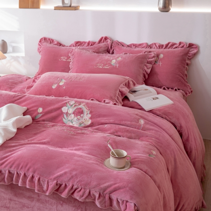 91家纺网 家纺一手货源 找家纺 绒博士 2023新款亲肤保暖240克牛奶绒四件套-郁金香 郁金香 豆沙