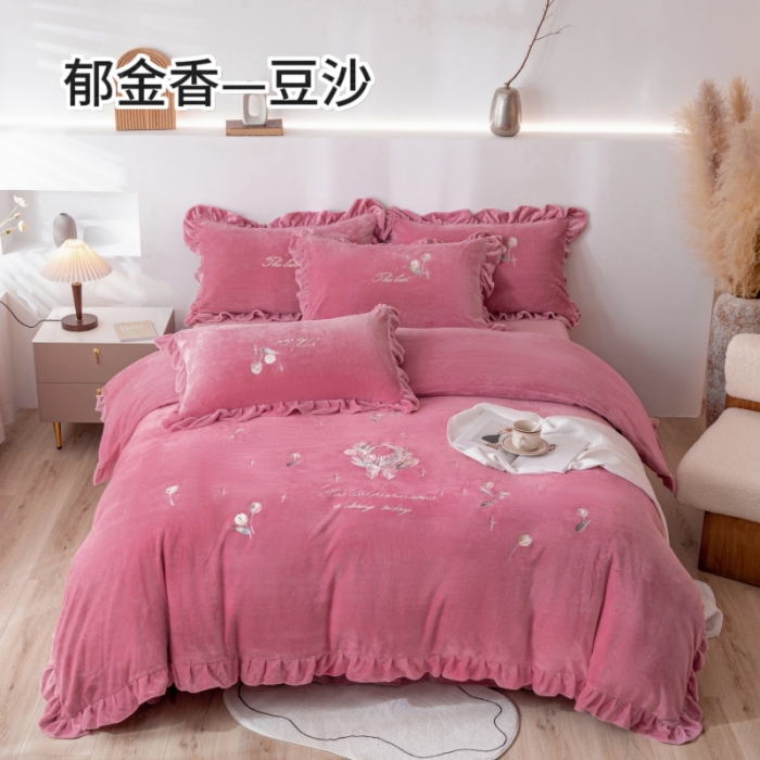 91家纺网 家纺一手货源 找家纺 绒博士 2023新款亲肤保暖240克牛奶绒四件套-郁金香 郁金香 豆沙