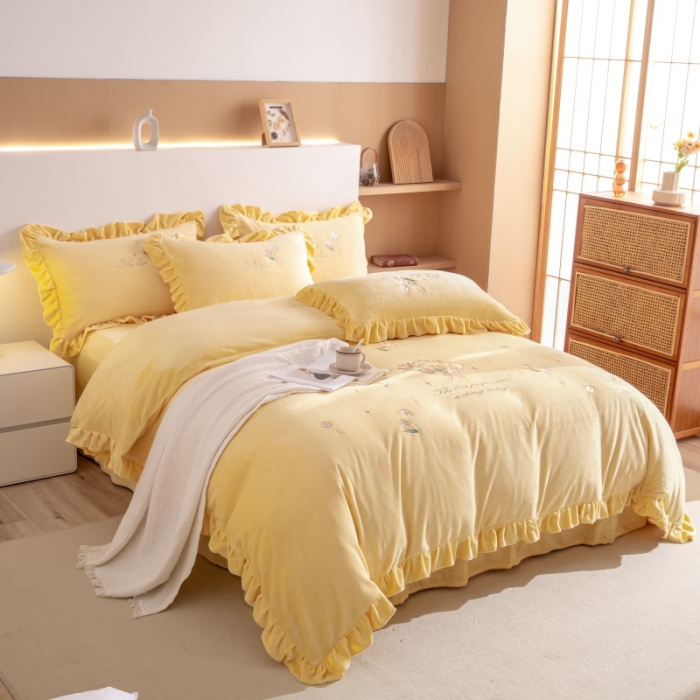 91家纺网 家纺一手货源 找家纺 绒博士 2023新款亲肤保暖240克牛奶绒四件套-郁金香 郁金香 黄色