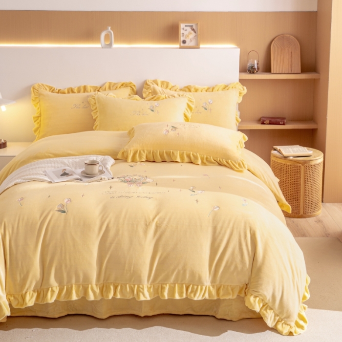 91家纺网 家纺一手货源 找家纺 绒博士 2023新款亲肤保暖240克牛奶绒四件套-郁金香 郁金香 黄色