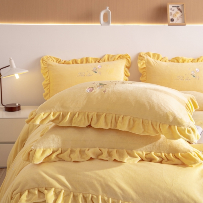 91家纺网 家纺一手货源 找家纺 绒博士 2023新款亲肤保暖240克牛奶绒四件套-郁金香 郁金香 黄色