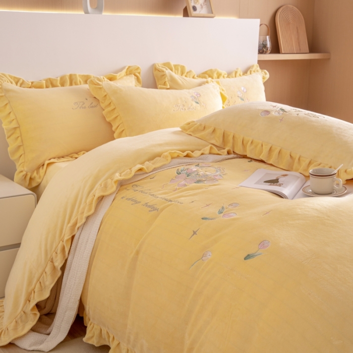 91家纺网 家纺一手货源 找家纺 绒博士 2023新款亲肤保暖240克牛奶绒四件套-郁金香 郁金香 黄色