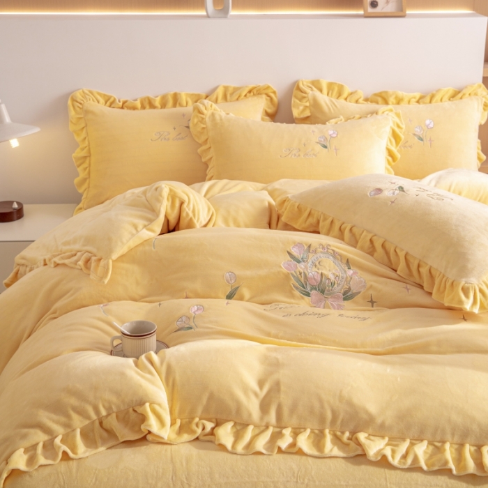91家纺网 家纺一手货源 找家纺 绒博士 2023新款亲肤保暖240克牛奶绒四件套-郁金香 郁金香 黄色