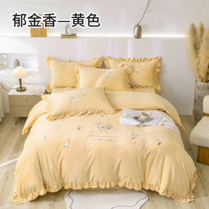 91家纺网 家纺一手货源 找家纺 绒博士 2023新款亲肤保暖240克牛奶绒四件套-郁金香 郁金香 黄色