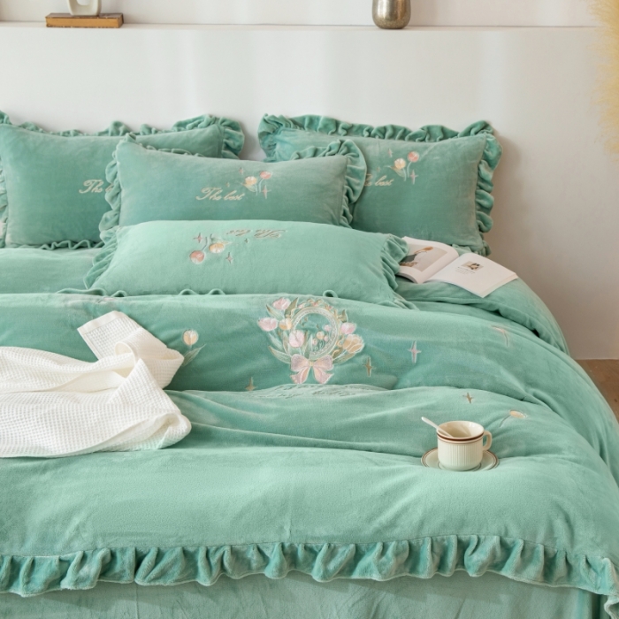 91家纺网 家纺一手货源 找家纺 绒博士 2023新款亲肤保暖240克牛奶绒四件套-郁金香 郁金香 果绿