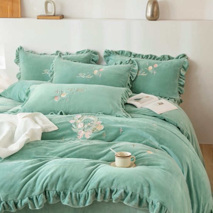 91家纺网 家纺一手货源 找家纺 绒博士 2023新款亲肤保暖240克牛奶绒四件套-郁金香 郁金香 果绿