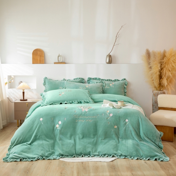 91家纺网 家纺一手货源 找家纺 绒博士 2023新款亲肤保暖240克牛奶绒四件套-郁金香 郁金香 果绿