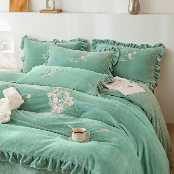 91家纺网 家纺一手货源 找家纺 绒博士 2023新款亲肤保暖240克牛奶绒四件套-郁金香 郁金香 果绿