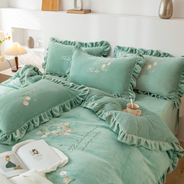 91家纺网 家纺一手货源 找家纺 绒博士 2023新款亲肤保暖240克牛奶绒四件套-郁金香 郁金香 果绿