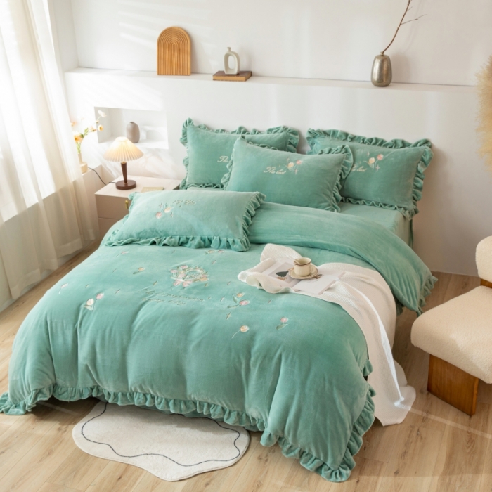 91家纺网 家纺一手货源 找家纺 绒博士 2023新款亲肤保暖240克牛奶绒四件套-郁金香 郁金香 果绿