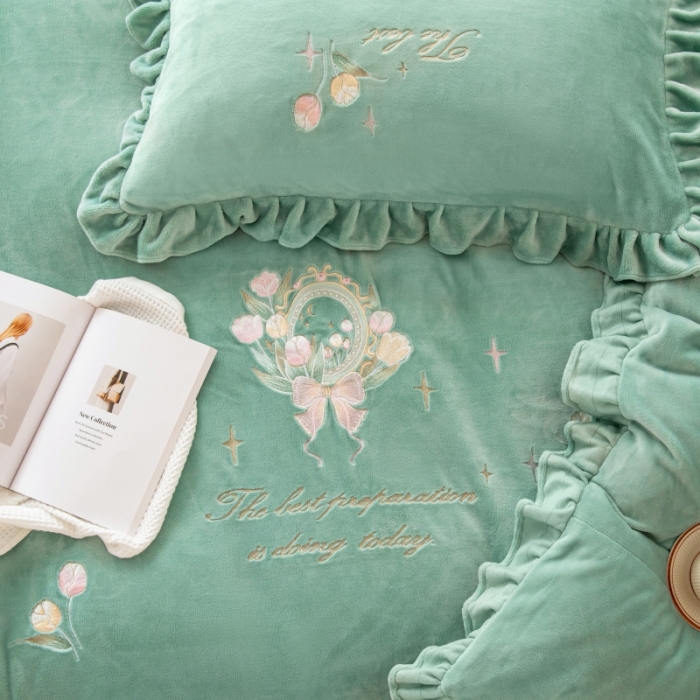 91家纺网 家纺一手货源 找家纺 绒博士 2023新款亲肤保暖240克牛奶绒四件套-郁金香 郁金香 果绿