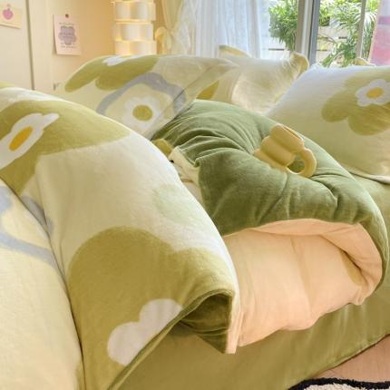 91家纺网 家纺一手货源 找家纺 柒月 2023新款加厚牛奶绒四件套 花季-绿