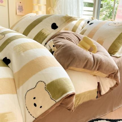 91家纺网 家纺一手货源 找家纺 柒月 2023新款加厚牛奶绒四件套 简约熊