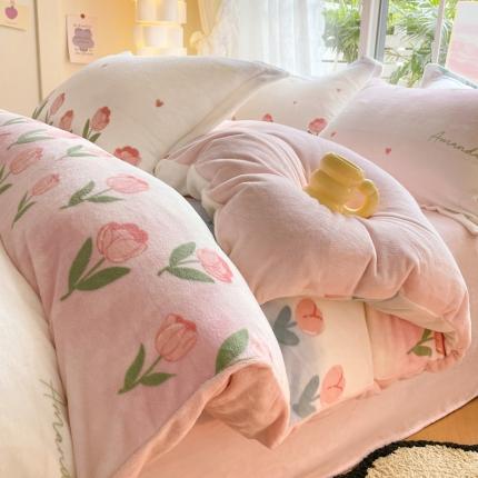 91家纺网 家纺一手货源 找家纺 柒月 2023新款加厚牛奶绒四件套 浪漫花园