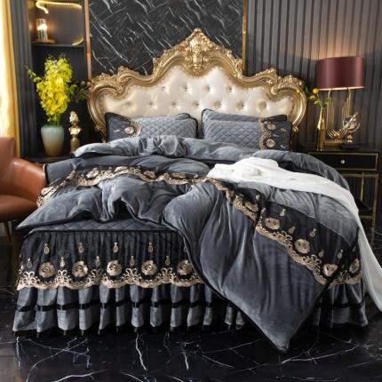 91家纺网 家纺一手货源 找家纺 能好家纺 2023新款水晶绒夹棉床裙四件套 灰