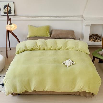 珺柔 2023年新款双拼色纯色牛奶绒四件套双拼豆绿咖