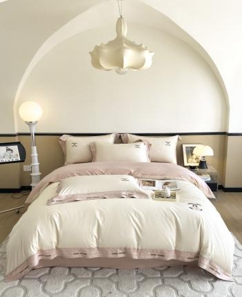 91家纺网 家纺一手货源 找家纺 618家纺 2023新款100支长绒棉轻奢刺绣四件套-丽莎系列 奶油粉