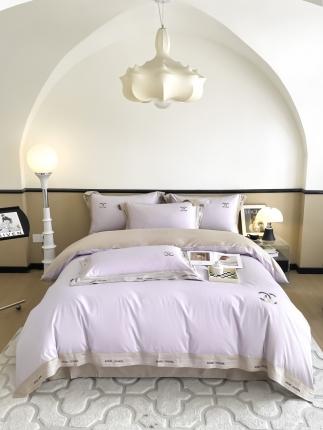 91家纺网 家纺一手货源 找家纺 618家纺 2023新款100支长绒棉轻奢刺绣四件套-丽莎系列 浅紫驼