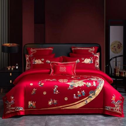 91家纺网 家纺一手货源 找家纺 红番天 2025新款全棉刺绣婚庆四件套六件套多件套 良辰喜事