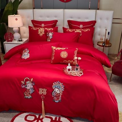 91家纺网 家纺一手货源 找家纺 红番天 2025新款全棉刺绣婚庆四件套六件套多件套 一生幸福