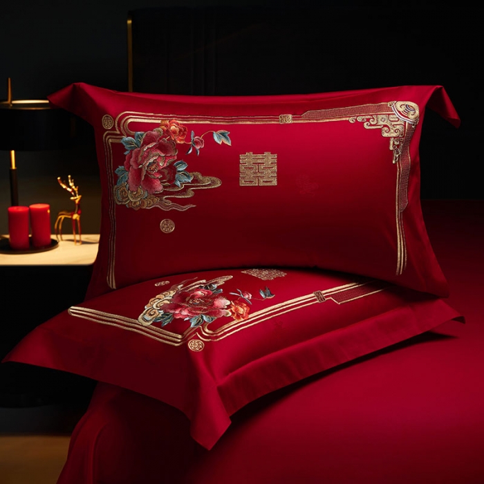 91家纺网 家纺一手货源 找家纺 缔缦 2023新款100s全棉长绒棉刺绣四件套婚庆 幸福婚礼（彩）