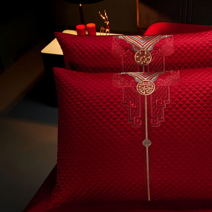 91家纺网 家纺一手货源 找家纺 缔缦 2023新款100s全棉长绒棉刺绣四件套婚庆 幸福婚礼（彩）